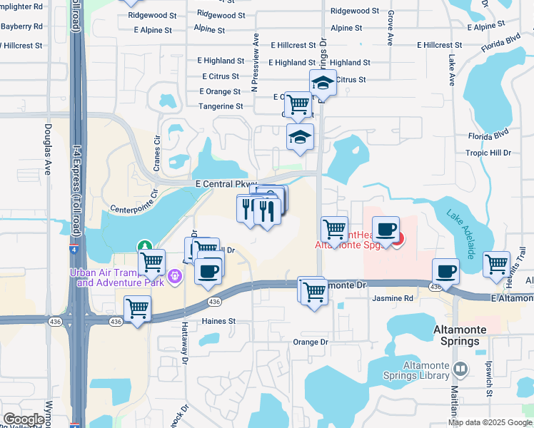 map of restaurants, bars, coffee shops, grocery stores, and more near 396 East Central Parkway in Altamonte Springs