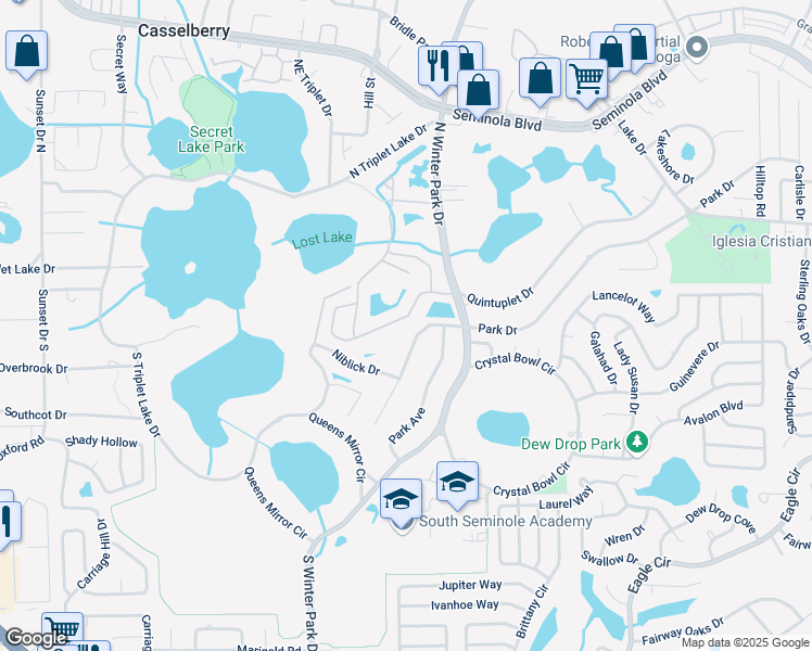 map of restaurants, bars, coffee shops, grocery stores, and more near 883 Moonluster Drive in Casselberry