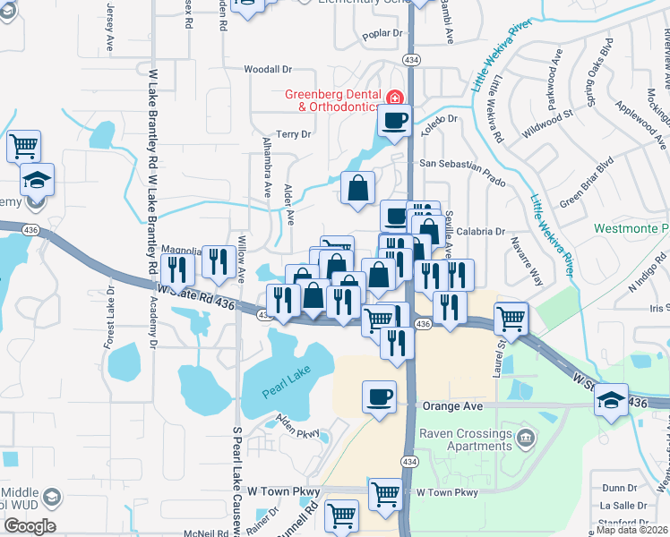 map of restaurants, bars, coffee shops, grocery stores, and more near 1179 Maple Street in Altamonte Springs