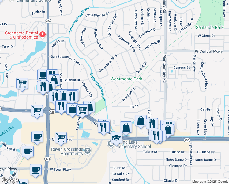 map of restaurants, bars, coffee shops, grocery stores, and more near 752 Little Wekiva Circle in Altamonte Springs