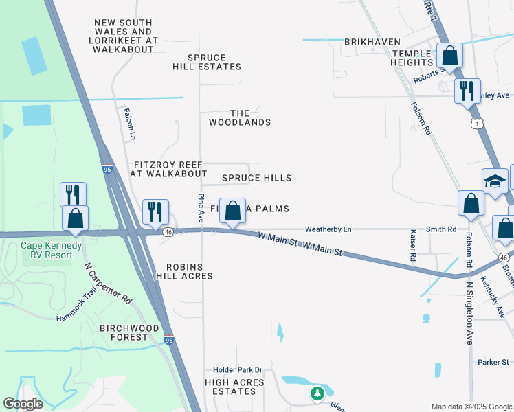 map of restaurants, bars, coffee shops, grocery stores, and more near 4016 Center Street in Mims