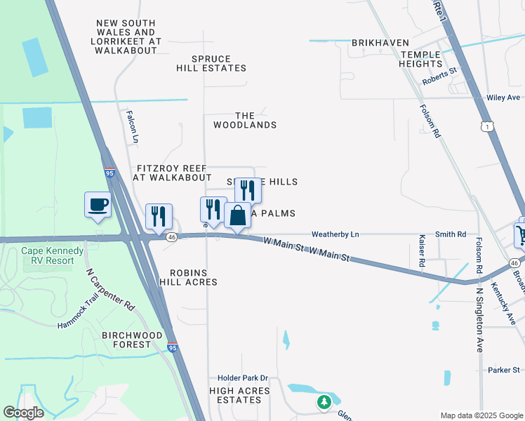 map of restaurants, bars, coffee shops, grocery stores, and more near 4016 Center Street in Mims