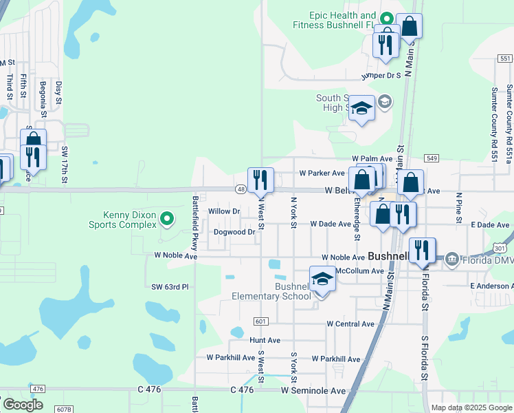 map of restaurants, bars, coffee shops, grocery stores, and more near 421 North West Street in Bushnell