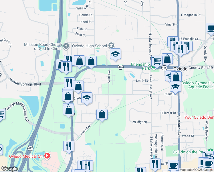 map of restaurants, bars, coffee shops, grocery stores, and more near 118 Dorell Court in Oviedo