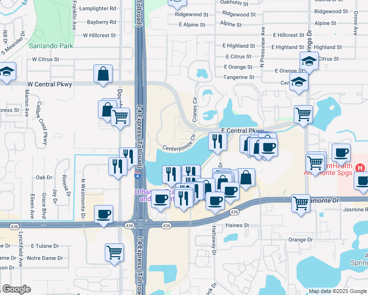 map of restaurants, bars, coffee shops, grocery stores, and more near 398 Center Pointe Circle in Altamonte Springs