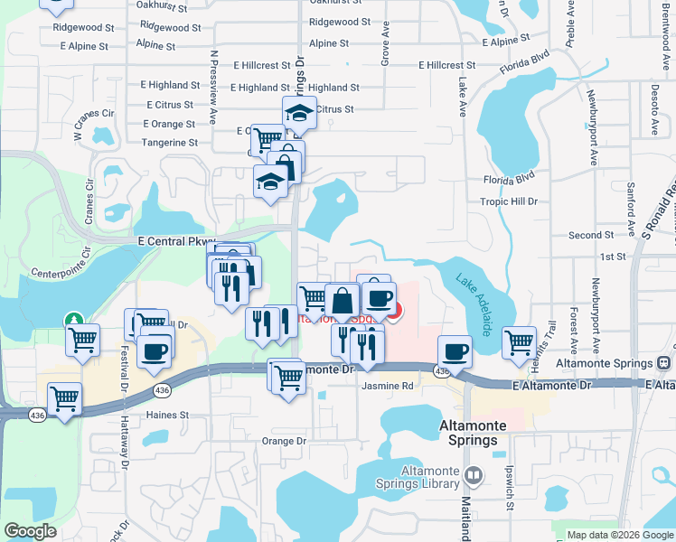 map of restaurants, bars, coffee shops, grocery stores, and more near 550 Windmeadows Street in Altamonte Springs