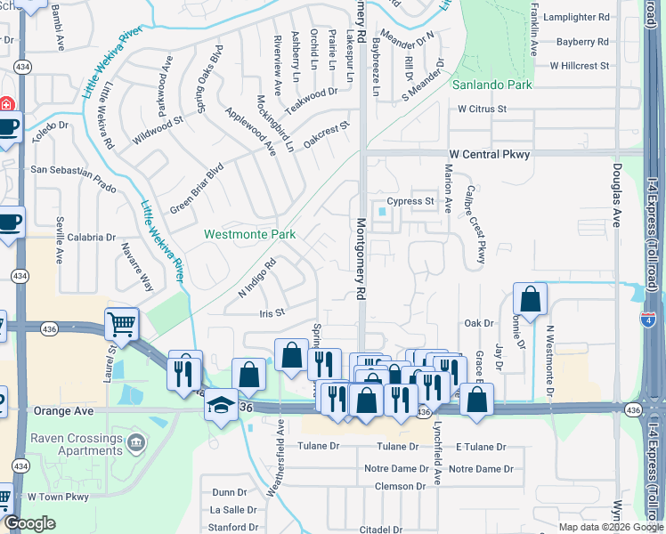 map of restaurants, bars, coffee shops, grocery stores, and more near 406 South Netherwood Crescent in Altamonte Springs