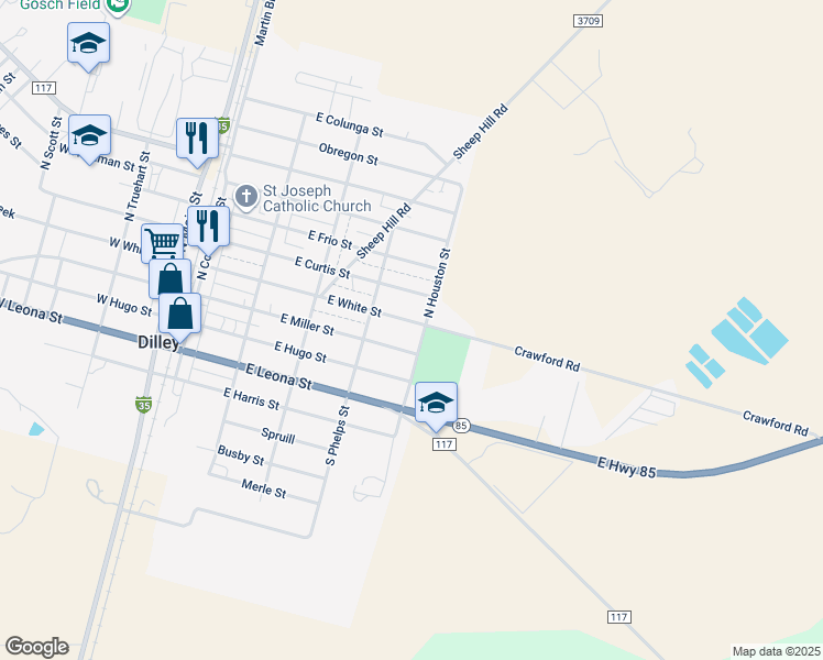 map of restaurants, bars, coffee shops, grocery stores, and more near 260 North Houston Street in Dilley