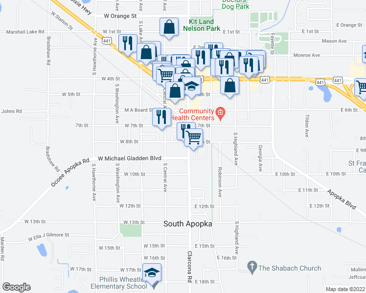 map of restaurants, bars, coffee shops, grocery stores, and more near 808 South Park Avenue in Apopka