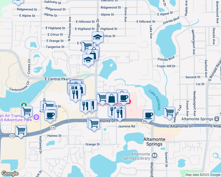map of restaurants, bars, coffee shops, grocery stores, and more near 550 Windmeadows Street in Altamonte Springs