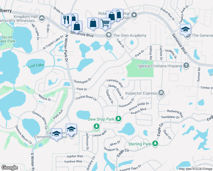 map of restaurants, bars, coffee shops, grocery stores, and more near in Casselberry