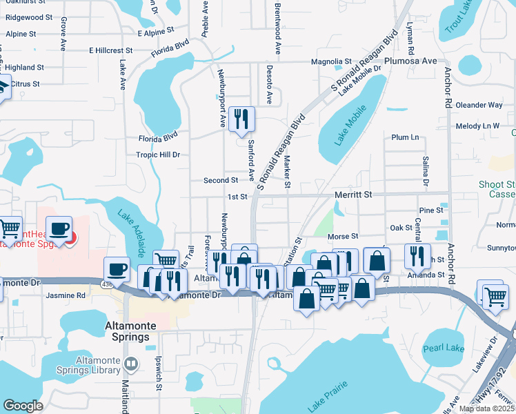 map of restaurants, bars, coffee shops, grocery stores, and more near 551 Merritt Street in Altamonte Springs