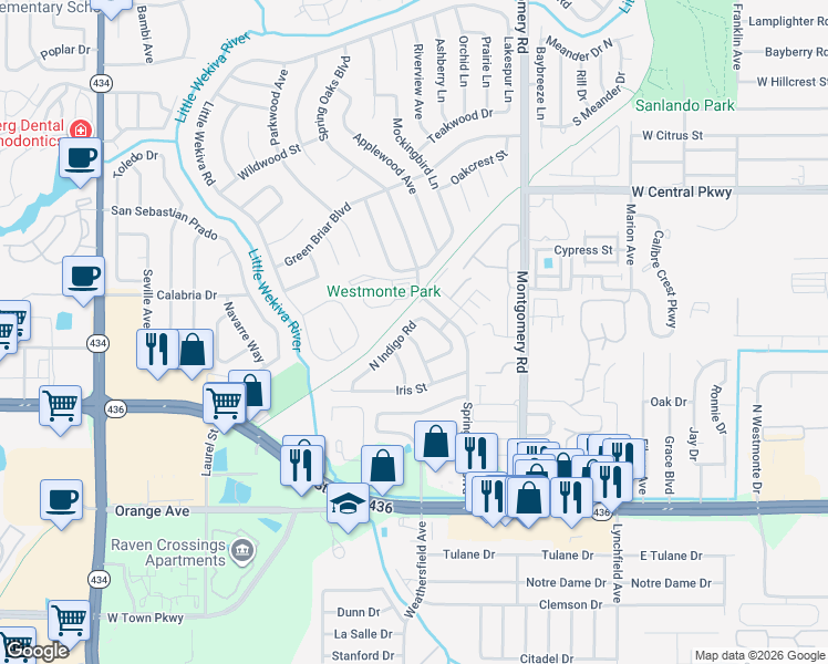 map of restaurants, bars, coffee shops, grocery stores, and more near 596 North Indigo Road in Altamonte Springs