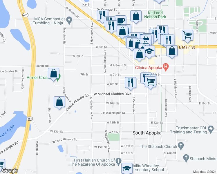map of restaurants, bars, coffee shops, grocery stores, and more near 118 West 8th Street in Apopka