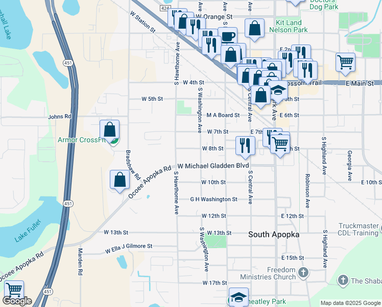 map of restaurants, bars, coffee shops, grocery stores, and more near 232 West 8th Street in Apopka