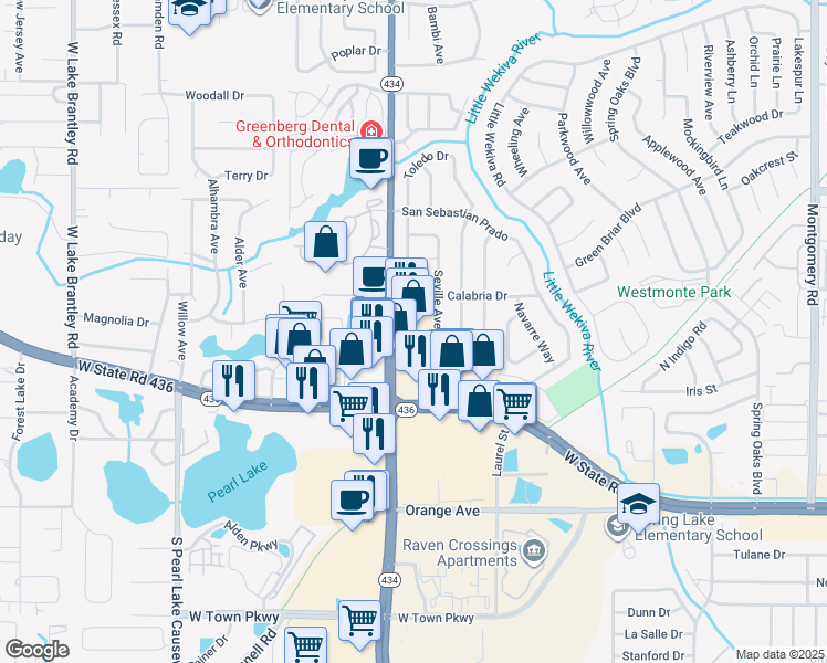 map of restaurants, bars, coffee shops, grocery stores, and more near 481 North State Road 434 in Altamonte Springs