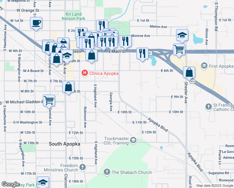 map of restaurants, bars, coffee shops, grocery stores, and more near 450 East 8th Street in Apopka