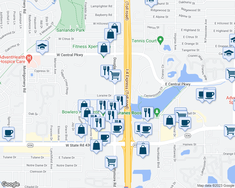 map of restaurants, bars, coffee shops, grocery stores, and more near 405 Douglas Avenue in Altamonte Springs