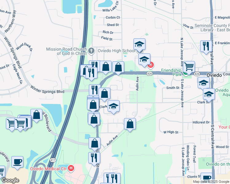 map of restaurants, bars, coffee shops, grocery stores, and more near 118 Chippendale Terrace in Oviedo