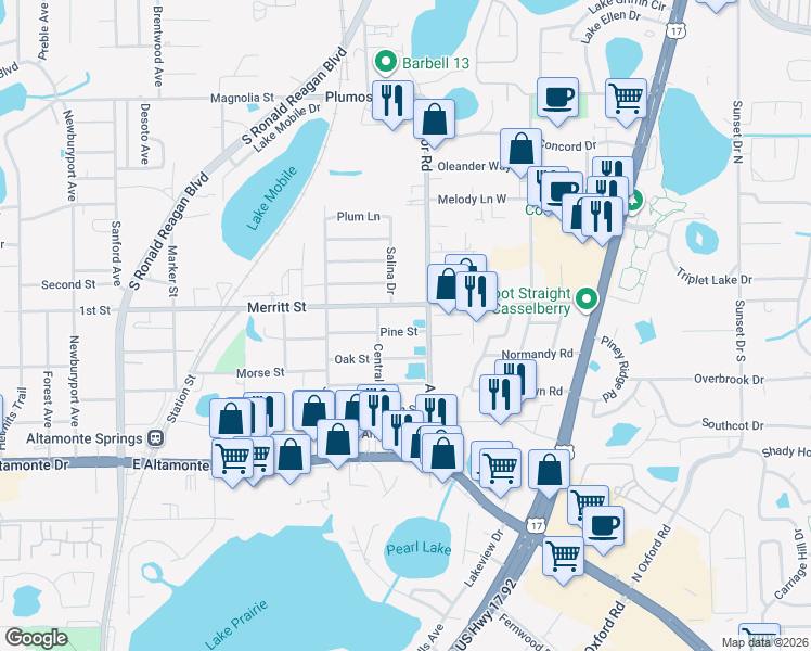 map of restaurants, bars, coffee shops, grocery stores, and more near 1330 Pine Street in Altamonte Springs