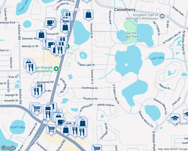 map of restaurants, bars, coffee shops, grocery stores, and more near 119 Sunset Drive South in Casselberry