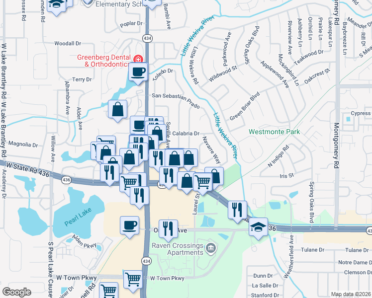 map of restaurants, bars, coffee shops, grocery stores, and more near 410 Alcazar Avenue in Altamonte Springs