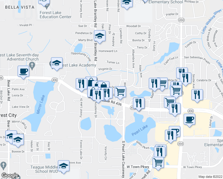 map of restaurants, bars, coffee shops, grocery stores, and more near 1123 Magnolia Drive in Altamonte Springs
