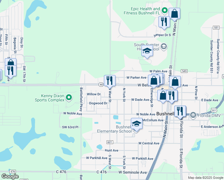 map of restaurants, bars, coffee shops, grocery stores, and more near 421 N West St in Bushnell