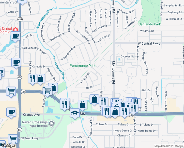 map of restaurants, bars, coffee shops, grocery stores, and more near 596 North Indigo Road in Altamonte Springs