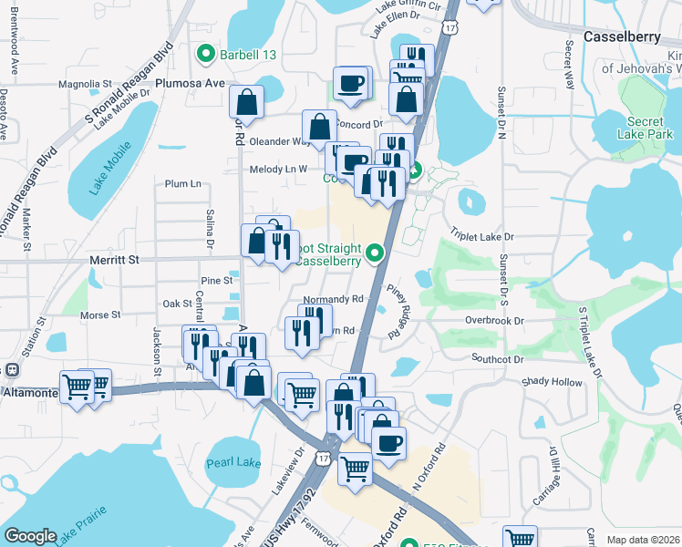 map of restaurants, bars, coffee shops, grocery stores, and more near 251 Fern Street in Casselberry