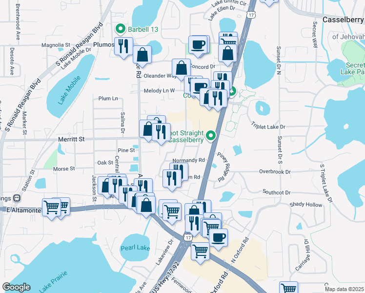 map of restaurants, bars, coffee shops, grocery stores, and more near 240 South Cypress Way in Casselberry