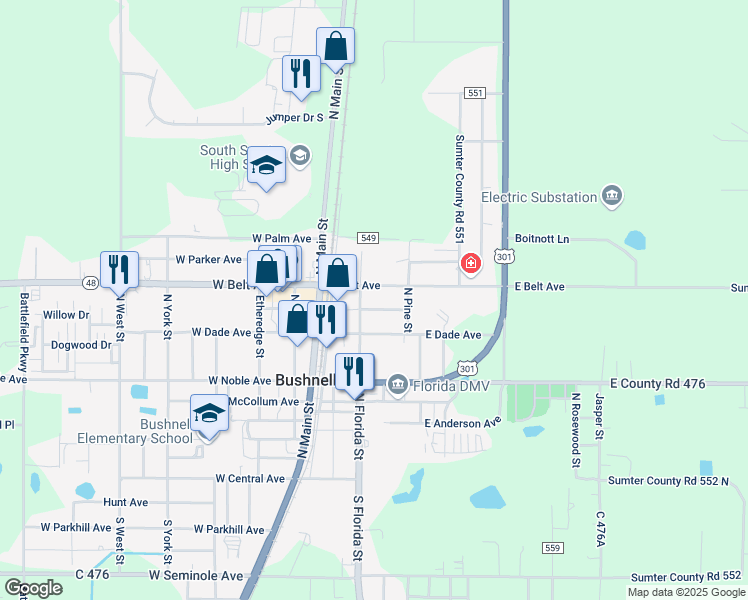 map of restaurants, bars, coffee shops, grocery stores, and more near 208 East Vermont Avenue in Bushnell