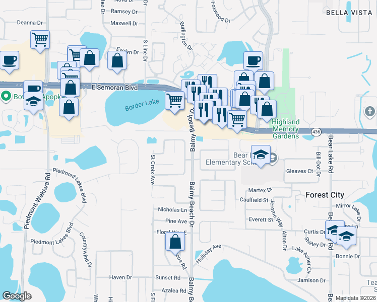 map of restaurants, bars, coffee shops, grocery stores, and more near 2887 Bermuda Avenue South in Apopka