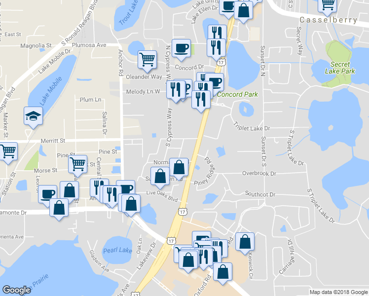 map of restaurants, bars, coffee shops, grocery stores, and more near 251 Fern Street in Casselberry