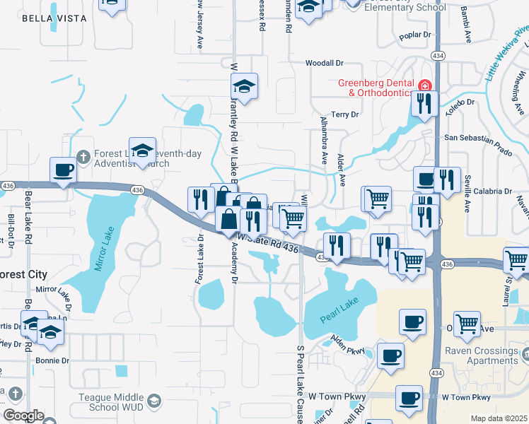 map of restaurants, bars, coffee shops, grocery stores, and more near 1123 Magnolia Drive in Altamonte Springs