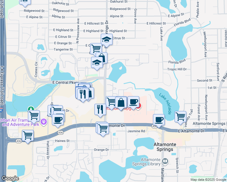 map of restaurants, bars, coffee shops, grocery stores, and more near 375 Palm Springs Drive in Altamonte Springs