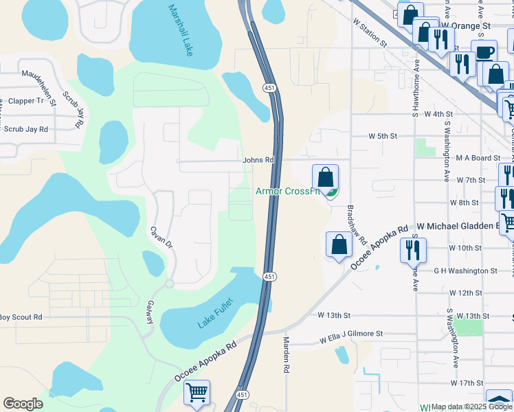 map of restaurants, bars, coffee shops, grocery stores, and more near 890 Johns Road in Apopka