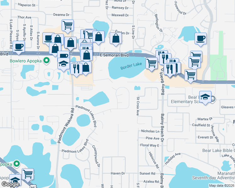 map of restaurants, bars, coffee shops, grocery stores, and more near 2635 Spring Glen Lane in Apopka