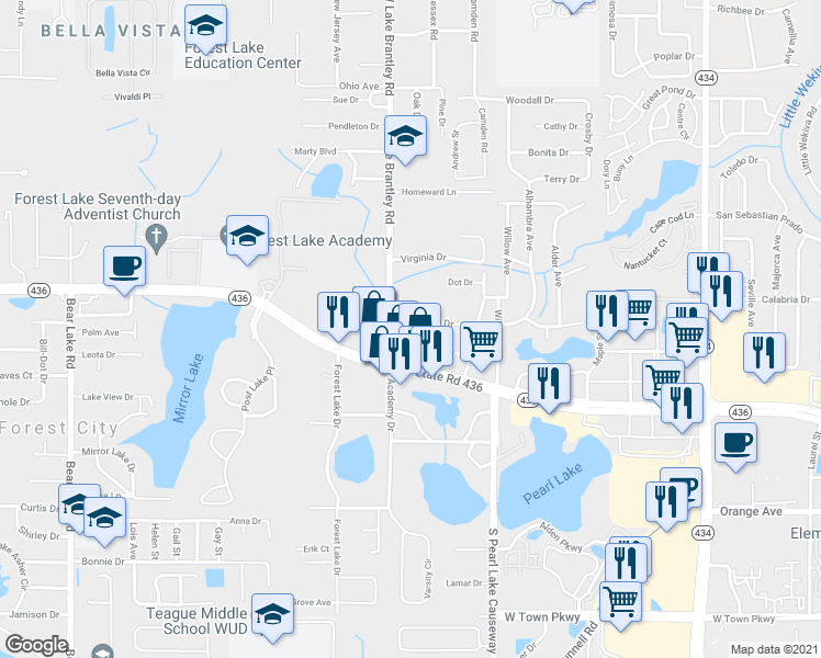 map of restaurants, bars, coffee shops, grocery stores, and more near 1165 Magnolia Drive in Altamonte Springs