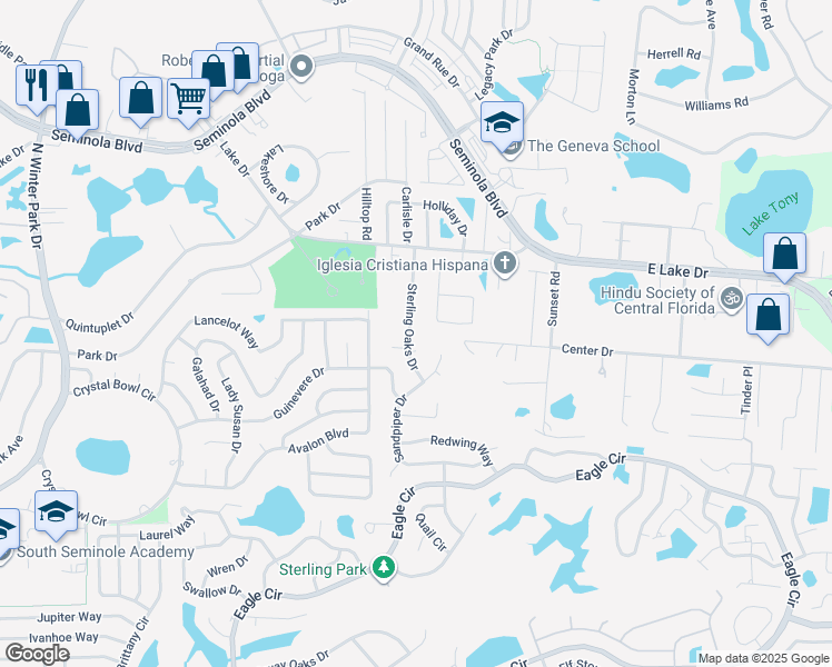 map of restaurants, bars, coffee shops, grocery stores, and more near 1325 Sterling Oaks Drive in Casselberry