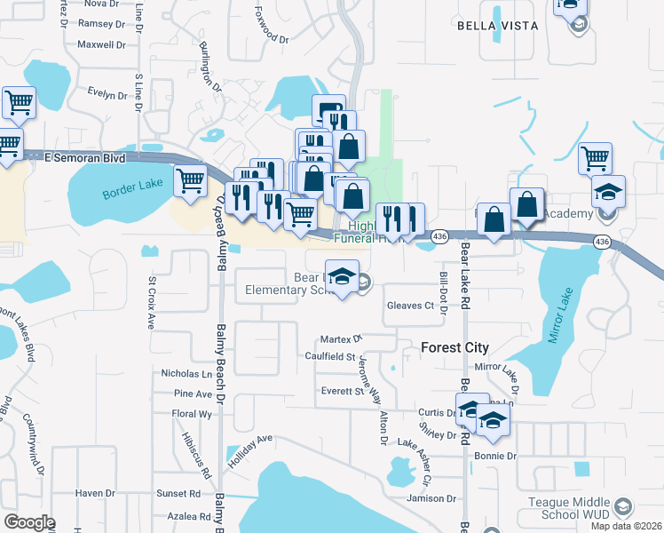 map of restaurants, bars, coffee shops, grocery stores, and more near 3301 Walton Road in Apopka