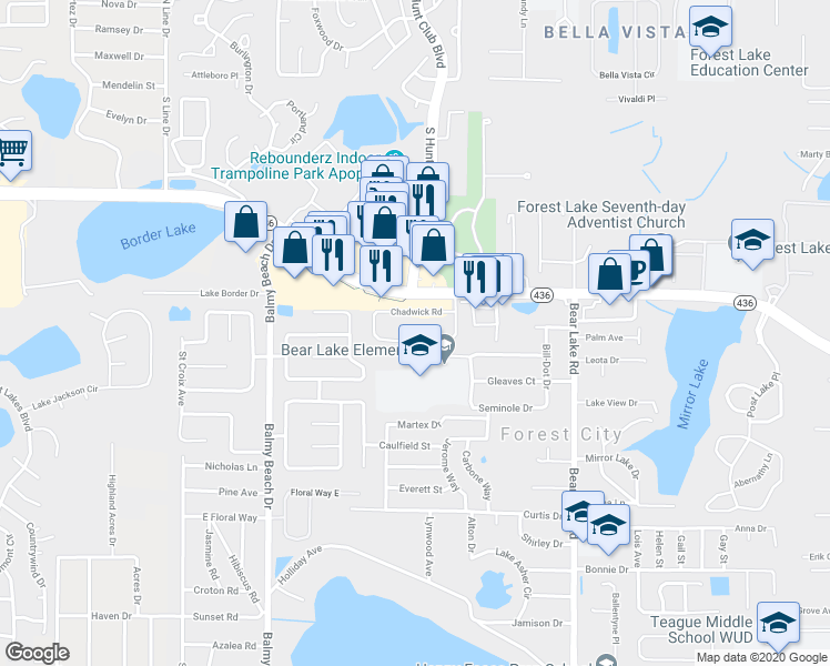 map of restaurants, bars, coffee shops, grocery stores, and more near 3301 Walton Road in Apopka