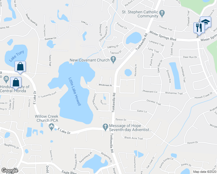 map of restaurants, bars, coffee shops, grocery stores, and more near 855 Windcrest Place in Winter Springs