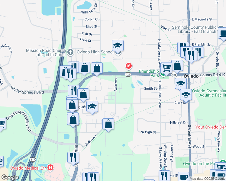 map of restaurants, bars, coffee shops, grocery stores, and more near 118 Dorell Court in Oviedo