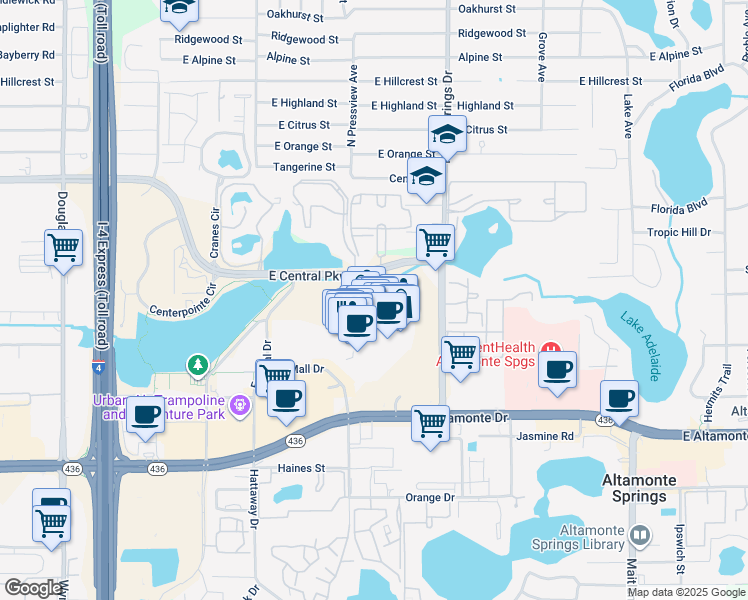map of restaurants, bars, coffee shops, grocery stores, and more near 396-422 E Central Pkwy in Altamonte Springs