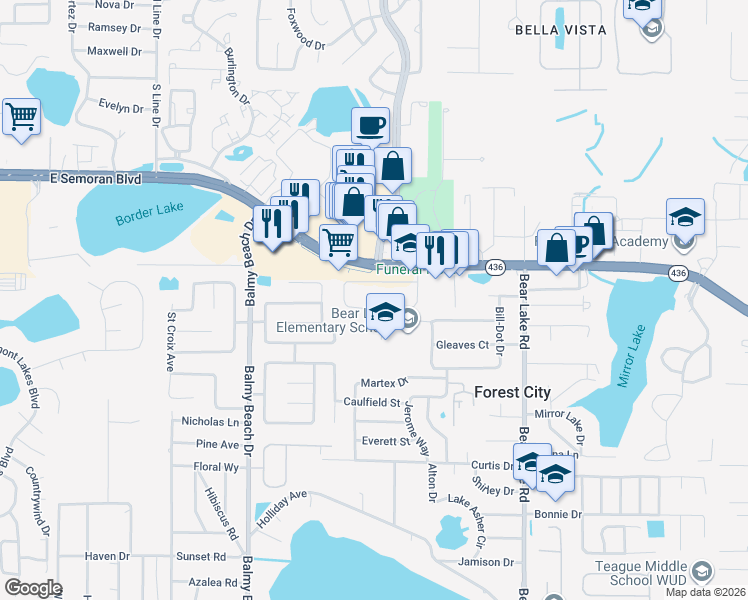 map of restaurants, bars, coffee shops, grocery stores, and more near 3301 Walton Road in Apopka
