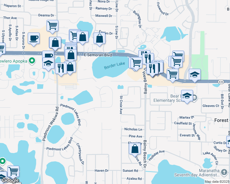 map of restaurants, bars, coffee shops, grocery stores, and more near 868 Lake Jackson Circle in Apopka