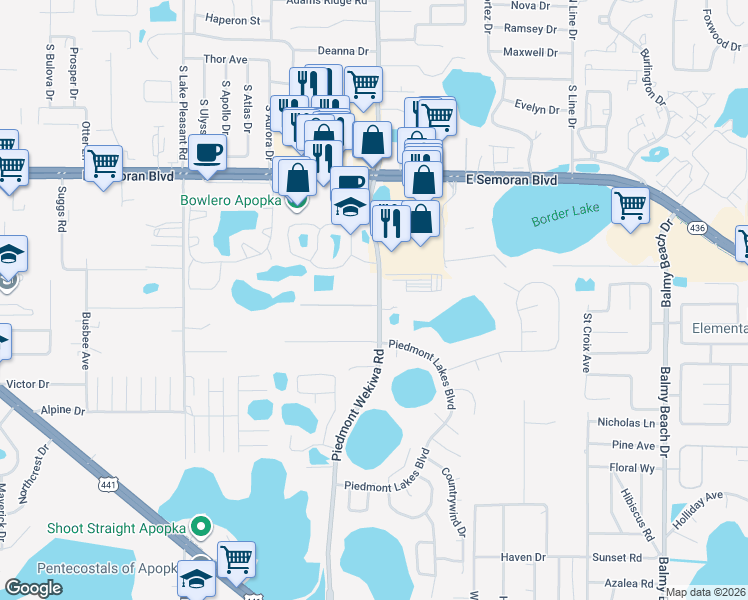 map of restaurants, bars, coffee shops, grocery stores, and more near 750 Piedmont Wekiwa Road in Apopka