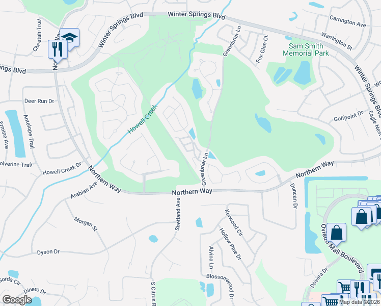 map of restaurants, bars, coffee shops, grocery stores, and more near 1037 Birkdale Trail in Winter Springs