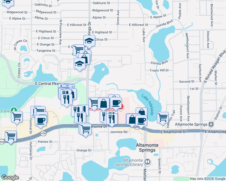 map of restaurants, bars, coffee shops, grocery stores, and more near 462 Windmeadows Street in Altamonte Springs